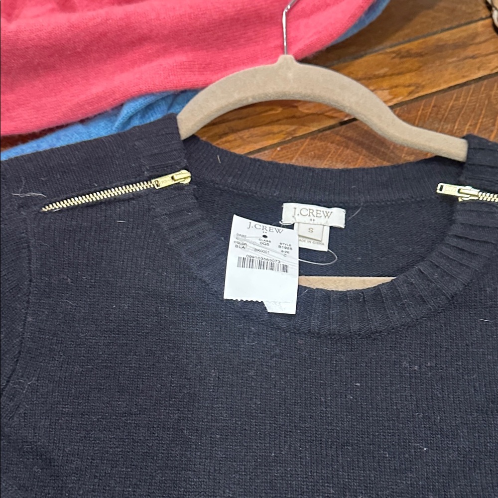 J. Crew Black Knit Crewneck Sweater with Gold Shoulder Zippers